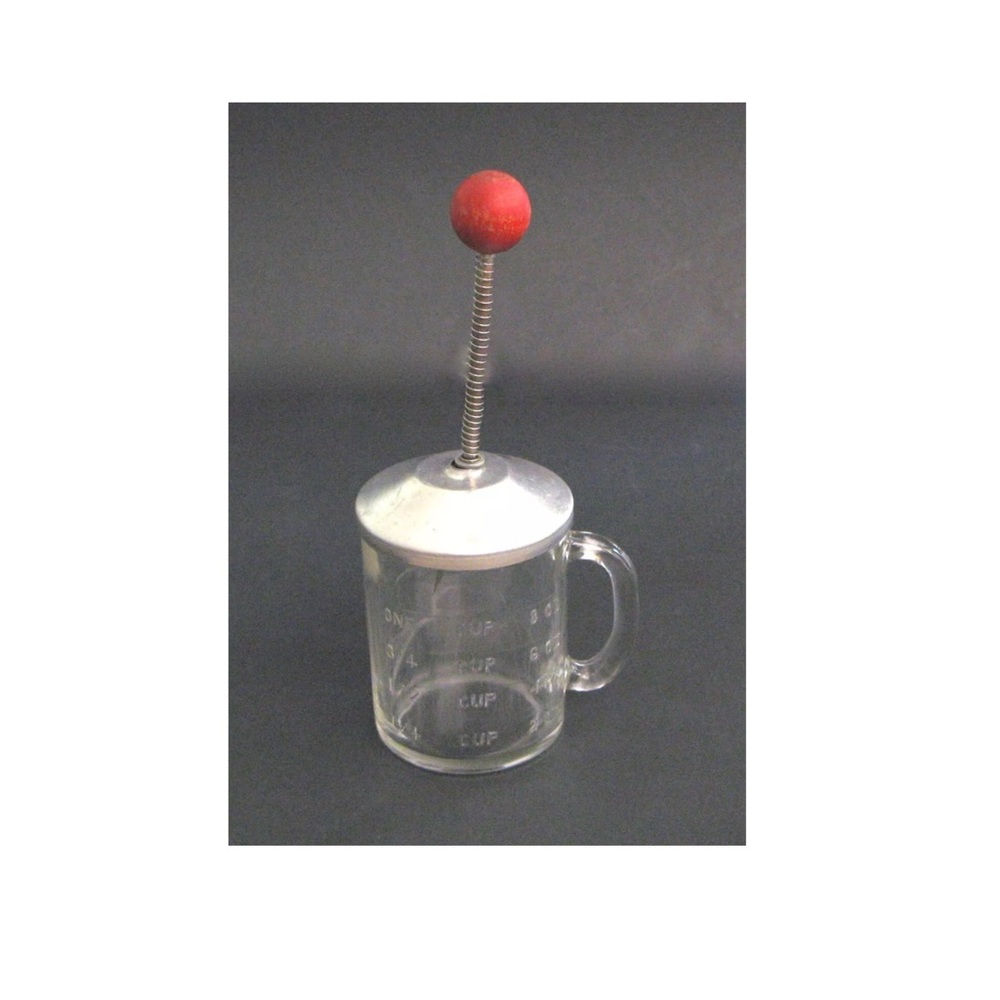 Vintage Hazel-Atlas Glass Vegetable / Nut Chopper Measuring Cup, Red Knob 1950’s